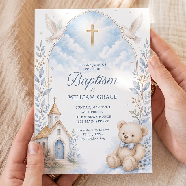 Invitation Ours en peluche baptême aquarelle (Créateur téléchargé)