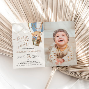 Invitation Ours en peluche, Bleu à air chaud, premier anniver