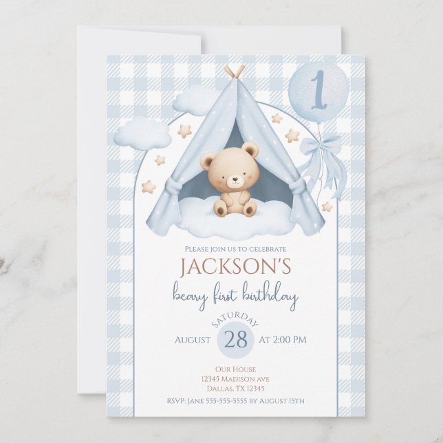 Invitation Ours en peluche bleu à carreaux ballon garçon 1er  (Devant)