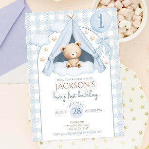 Invitation Ours en peluche bleu à carreaux ballon garçon 1er