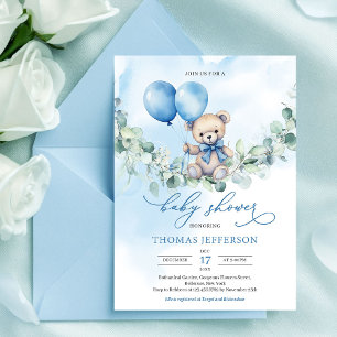 Invitation Ours en peluche bleu et marron aquarelle avec ball
