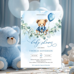 Invitation Ours en peluche bleu et marron avec ballon