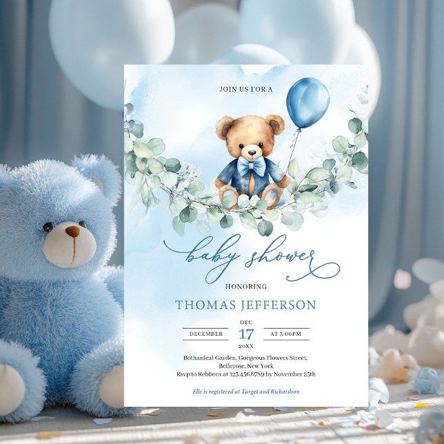 Invitation Ours en peluche bleu et marron avec ballon (boy baby shower invitation with teddy bear with blue balloon on eucalyptus swing)