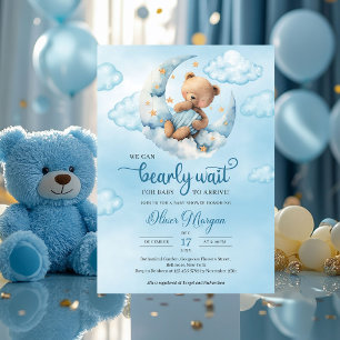 Invitation Ours en peluche bleu et marron sur la lune