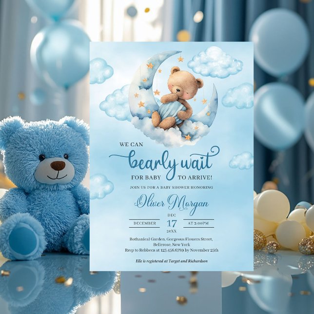 Invitation Ours en peluche bleu et marron sur la lune (boy baby shower invitation with teddy bear we can bearly wait )