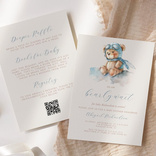 Invitation Ours en peluche bleu mignon code QR Fête de naissa (Créateur téléchargé)
