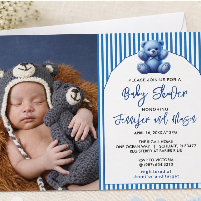 Invitation Ours en peluche bleu mignon Shower pour bébé garço (Cute Blue Teddy Bear Vintage Baby Boy Shower Invitation)