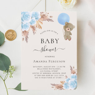 Invitation Ours en peluche bleu pampas Baby shower garçon fle