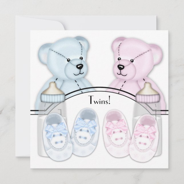 Invitation Ours en peluche bleu rose Twin Baby Shower Invitat (Devant)