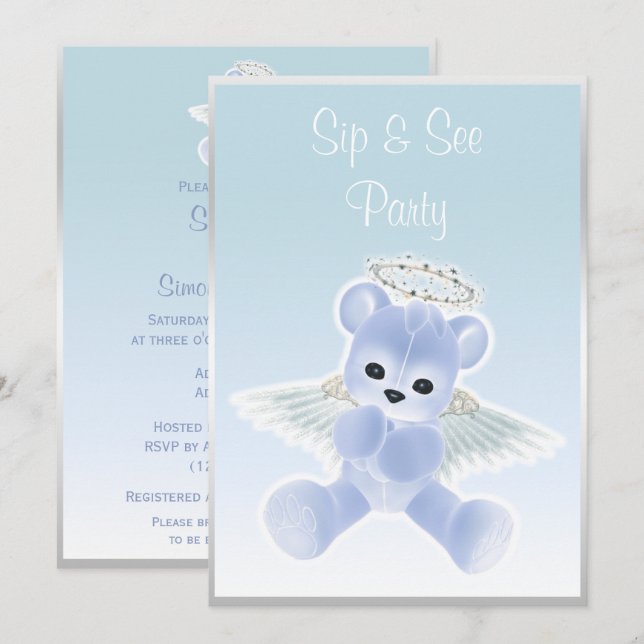 Invitation Ours en peluche Blue Angel Sip & See (Devant / Derrière)