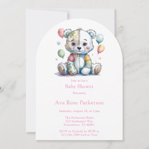 Invitation Ours en peluche brodé fille en patchwork pour bébé