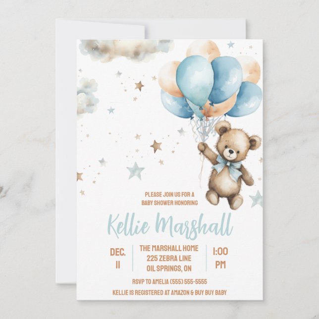 Invitation Ours en peluche Brown et bleu avec Baby shower à b (Devant)
