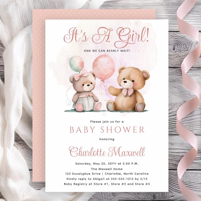Invitation Ours en peluche C'est une fille à peine attendre B (Teddy Bears Balloons It's A Girl Bearly Wait Baby Shower Invitation -- Print | Digital Download)