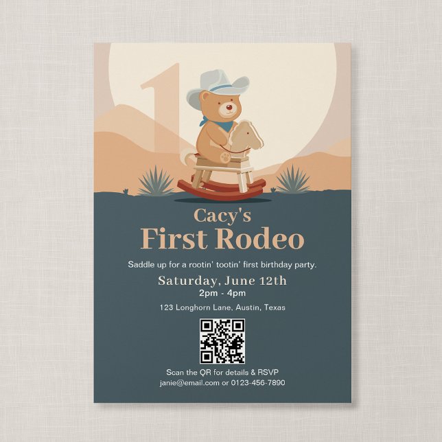 Invitation Ours en peluche Code QR Cow-boy Premier Rodéo Anni (Saddle Up - First Rodeo QR Invitation)