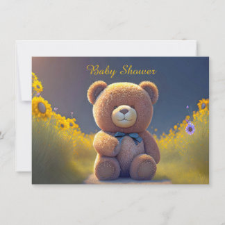 Invitation Ours en peluche dans une prairie, baby shower mign