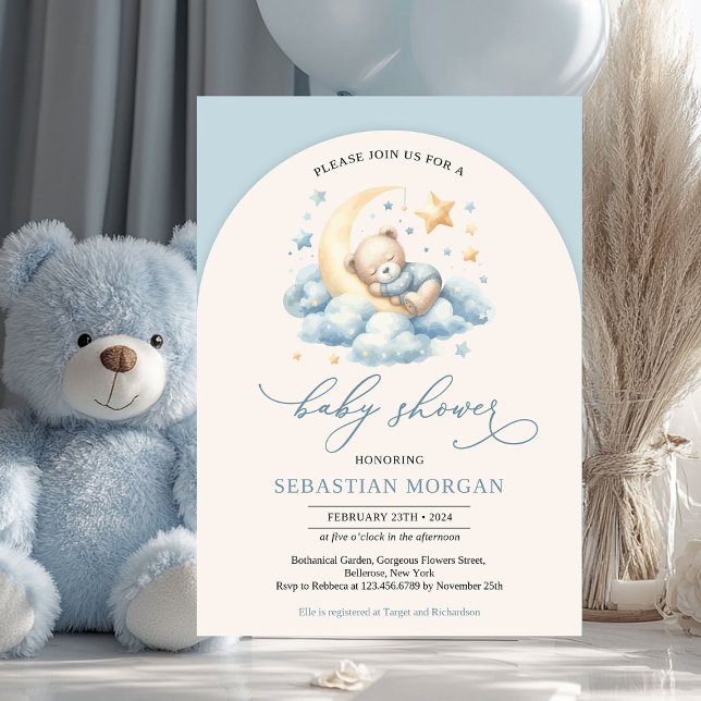 Invitation Ours en peluche de l'arc de Boho sur le garçon de  (ute sleeping teddy bear boy baby shower invitation)