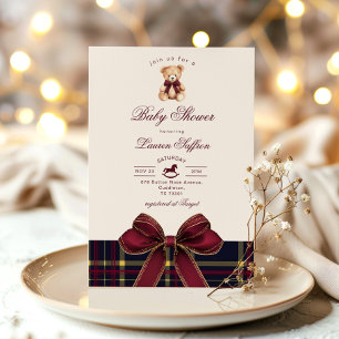 Invitation Ours en peluche de Noël carreaux rouge vin Fête pr