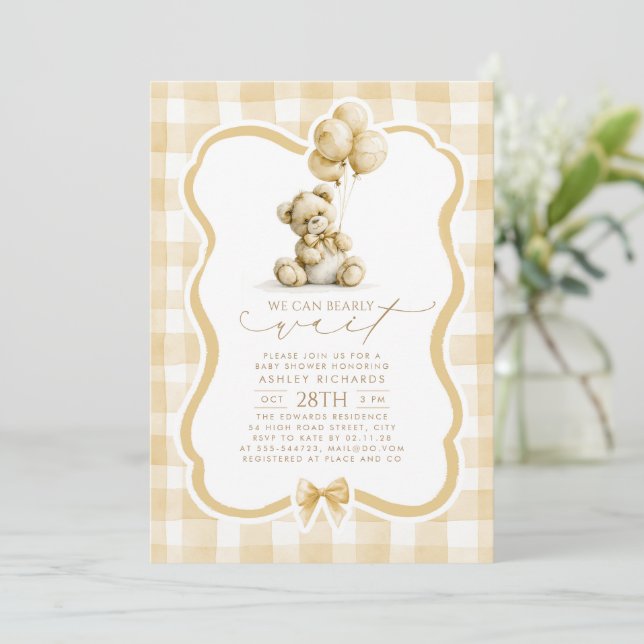 Invitation Ours en peluche Élégant Gingham Brun Clair Cérémon (Debout devant)