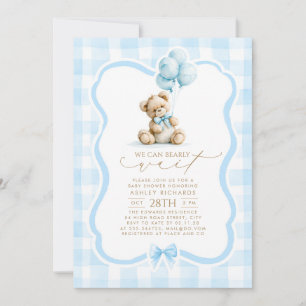 Invitation Ours en peluche Élégant Pastel Bleu Gingham Baby S