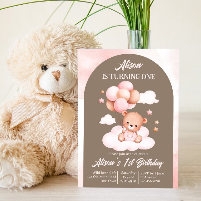 Invitation Ours en peluche en arc rose et marron avec fête de (Créateur téléchargé)