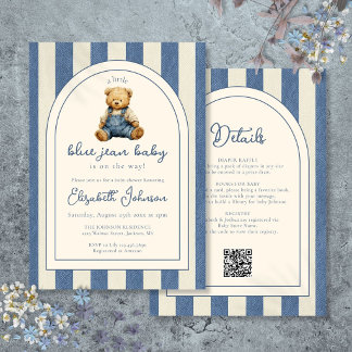 Invitation Ours en peluche en denim Blue Jean Code QR Baby Sh