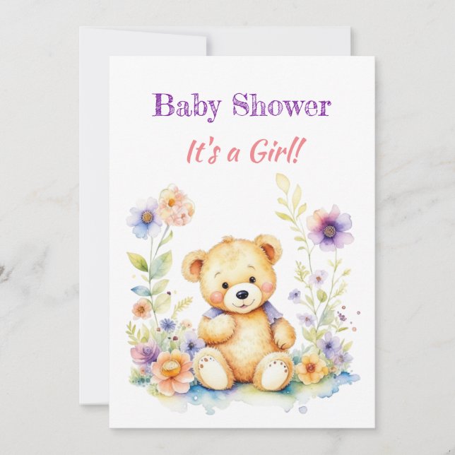 Invitation Ours en peluche en fleurs Baby shower de fille (Devant)