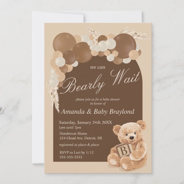 Invitation Ours en peluche en herbe de Pampas Boho marron (Devant)