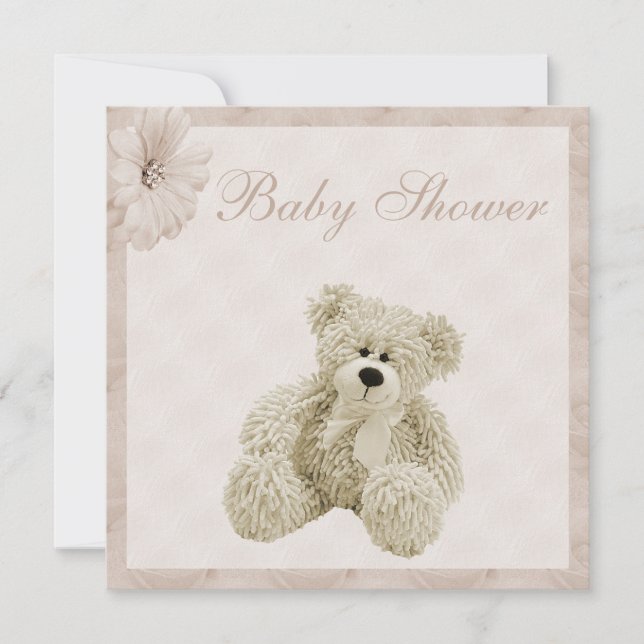 Invitation Ours en peluche et fleurs Baby shower neutre (Devant)