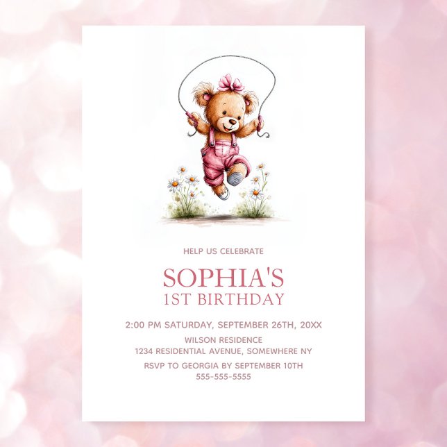 Invitation Ours en peluche fille joyeuse 1er anniversaire (Créateur téléchargé)