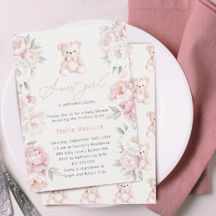 Invitation Ours en peluche Fleurs roses Fille Baby Shower