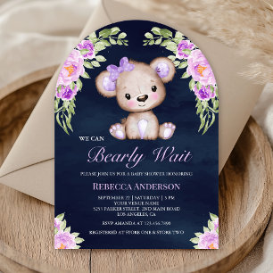 Invitation Ours en peluche floral violet Arche Bleu marine Ba