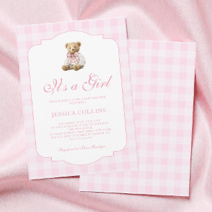 Invitation Ours en peluche Gingham rose C'est une fille Baby 