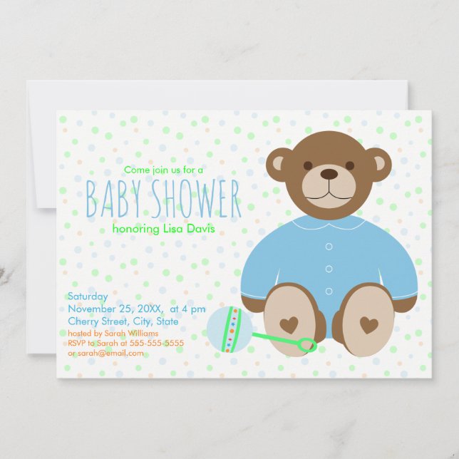 Invitation Ours en peluche habillé en Baby shower bleu Invita (Devant)