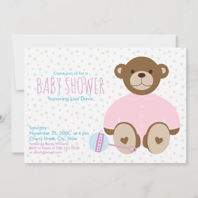 Invitation Ours en peluche habillé en Baby shower rose (Devant)