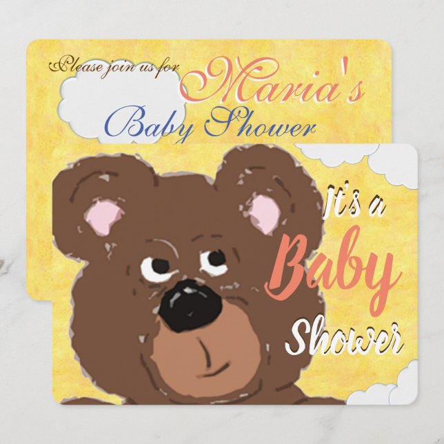 Invitation Ours en peluche Jaune Clair Baby Shower (Devant / Derrière)