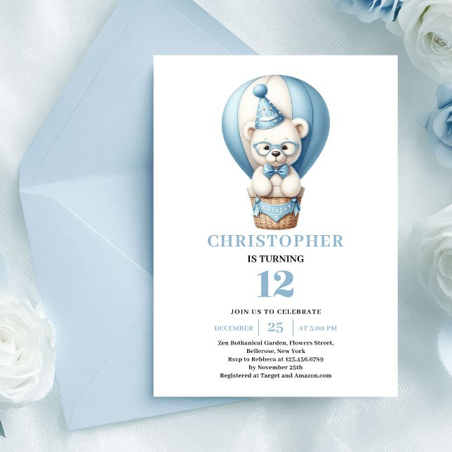 Invitation Ours en peluche joyeux ballons bleus garçon annive (Joyful teddy bear blue balloons boy birthday invite

)