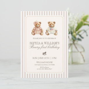 Invitation Ours en peluche jumeaux neutres pour le premier an