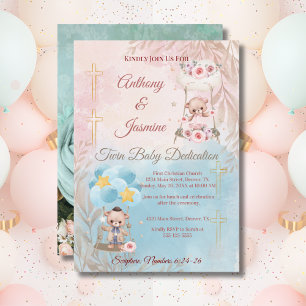 Invitation Ours en peluche jumeaux rose et bleu sur une balan