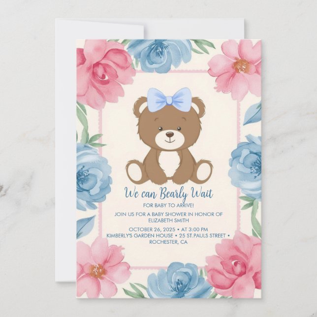 Invitation Ours en peluche mignon avec arc bleu en rose (Devant)