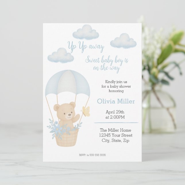 Invitation Ours en peluche mignon avec Baby shower en parachu (Debout devant)