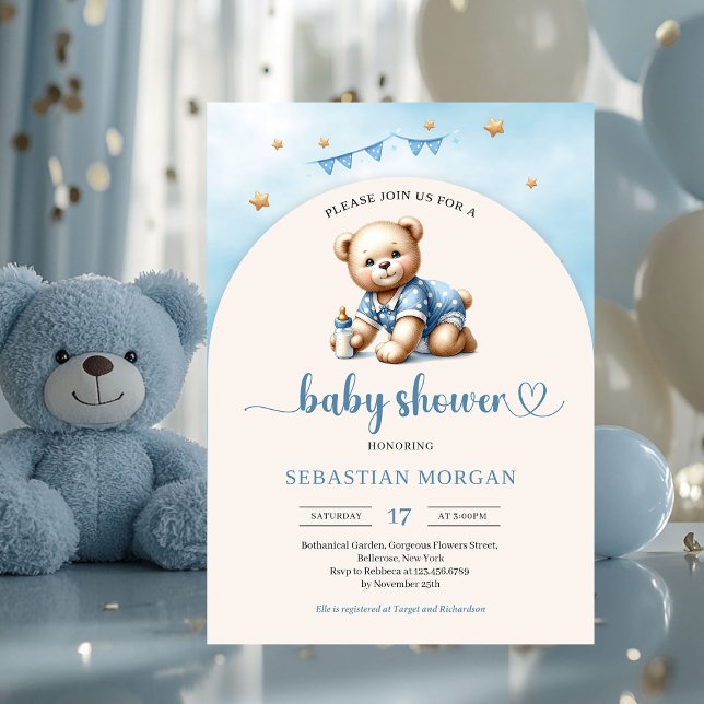 Invitation Ours en peluche mignon avec bébé bouteille d'arcea (cute teddy bear with baby bottle arched boy baby shower invitation)