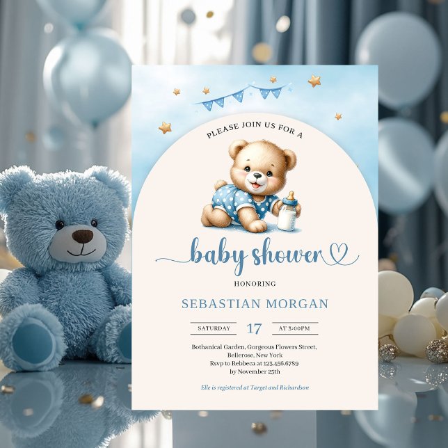 Invitation Ours en peluche mignon avec bouteille garçon arché (cute playful baby bear boy baby shower invitation digital)