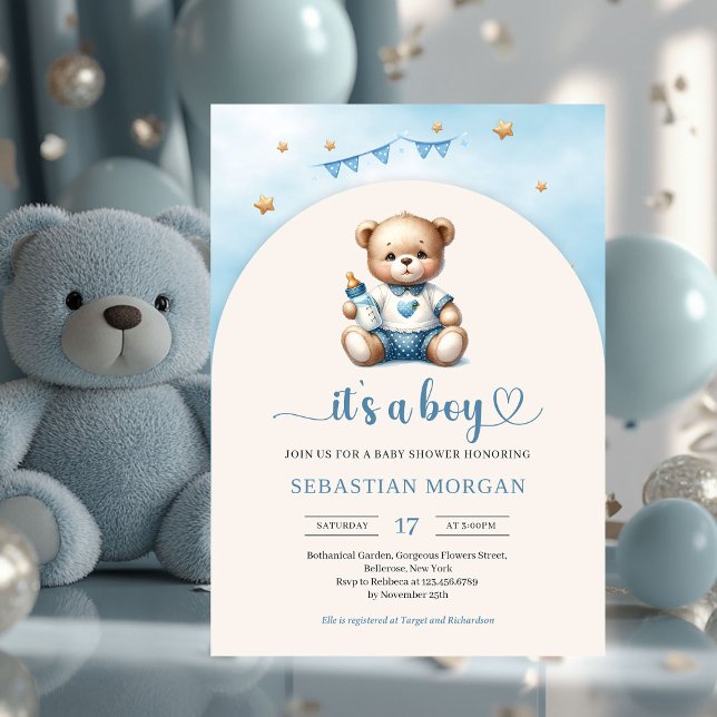 Invitation Ours en peluche mignon avec bouteille garçon arché (cute teddy bear with baby bottle arched boy baby shower invitation)