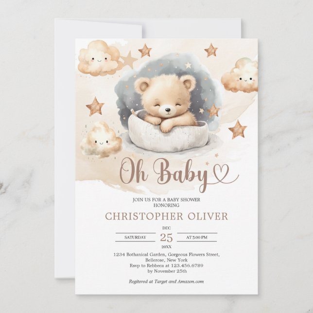Invitation Ours en peluche mignon et neutre en aquarelle (Devant)