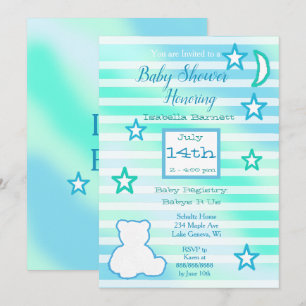 Invitation Ours en peluche mignon, étoiles et lune bleu et ve