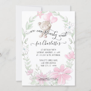Invitation Ours en peluche mignonne avec ballons Floral Baby