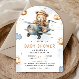 Invitation Ours en peluche neutre avion bleu arche Baby Showe