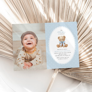 Invitation Ours en peluche, nœud, pois bleus, premier anniver