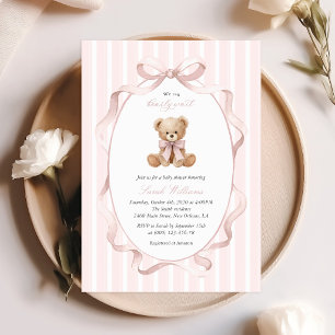 Invitation Ours en peluche, Nœud rose, Rayures roses, Baby Sh