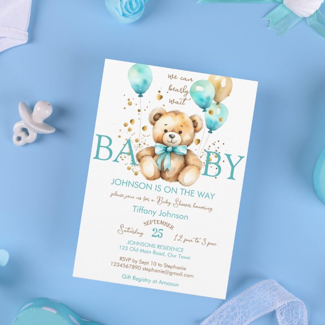 Invitation Ours en peluche patienter aqua bleu brun baby show (Cute teddy bear with a bow and balloons  bearly wait baby shower template invitation aqua blue gold)